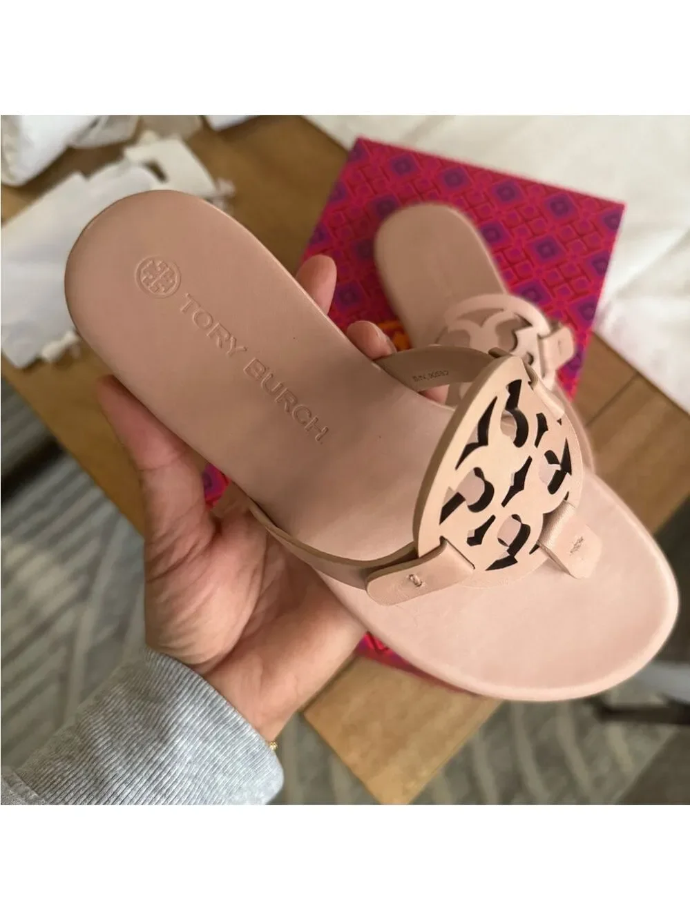 New Tory Burch miller soft calf leather sandals in light sand / makeup colo